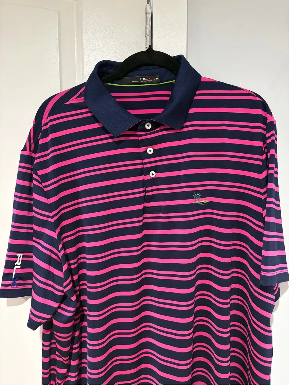 Ralph Lauren RLX Men Performance Polo Shirt Black Label Pink Blue Size XXL